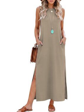 Women's Coffee Summer Maxi Long Dress Sleeveless Side Slit Casual With Pockets